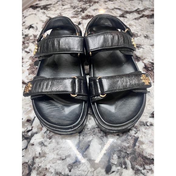 Tory Burch Black Leather Platform Sporty Sandals Gold Logo Women's Size 7 - Picture 2 of 8
